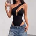 Black one-shoulder cutout bodysuit featuring stylish metal rings, sexy tight top for women - XL / Top And Bottom / Black