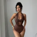 Women's brown halter deep V-neck cutout one-piece bodysuit sexy summer backless swimwear - S / Tops / Coffee