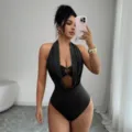 Sexy halter deep V-neck cutout backless one-piece bodysuit for women summer fashion style - S / Tops / Black