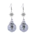 Silver disco ball earrings with sunburst detail, retro party long drop fashion design. - Silver Star Single Ball (Style 1)
