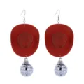 Red cowboy hat disco ball dangle earrings for women party festival jewelry detail view. - Red