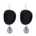 Detailed close-up shot of the black cowboy hat and glittering silver disco ball earrings. - Black