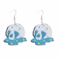Witzige Cartoon Totenkopf Ohrringe mit blauem flüssigen und gelben Sternen Muster Details. - Cartoon Lustig Totenkopf Haken Typ