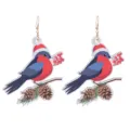 Holz Weihnacht Ohrringe Detail mit festlichem Gimpel mit Weihnachtsmütze und Zapfen. - Stil 12 (Weihnachtsvogel)