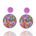 Bunte Vintage 70er 80er Diskokugel Acryl Ohrringe karierte Party Statement Schmuck - Buntes Schachbrett / Lila