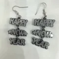 Neujahr Glitzer Buchstaben Ohrringe, schwarz silber hängende Ohrringe für Damen Party. - Acryl Neujahr Buchstaben (Happy New Year) / Silberner Glitzer