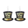 Neujahr Holz Zylinder Ohrringe, festliche Happy New Year Buchstaben Ohrhänger für Damen. - Festlicher Hut-Stil (Happy New Year) / Schwarz/Gold