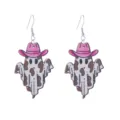 Halloween spook houten oorbellen met roze cowboyhoed en koeienprint, leuke bungelende sieraden. - Cowboyhoed Geest Stijl (Nr. 6)