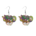 Detailed close-up view of festive Mardi Gras wooden hook earrings with colorful holiday design. - Style 2 (Festival Text)