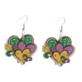 Close-up view of colorful wooden heart drop earrings featuring festive green, purple and yellow details. - Style 3 (Heart Fleur-de-lis)