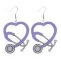 Detail view of purple wooden stethoscope heart earrings, medical nurse jewelry accessory. - No. 1