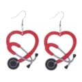 Detailed shot of wooden nurse stethoscope heart earrings, medical theme jewelry. - Size 4