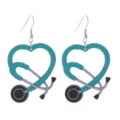 Close-up view of wooden stethoscope heart earrings, perfect nurse medical theme jewelry. - Size 5