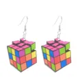 Close-up detail of colorful Rubik's cube acrylic drop earrings featuring silver hooks. - Rubik Cube Style (Number 1)