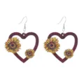 Wooden heart earrings with sunflower print, stylish drop earrings for women daily wear. - Style 12 (E2023-37)