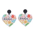 Teacher theme acrylic earrings with heart shape and cute school elements for daily wear. - Teacher's Day Heart Style (E2024-47)