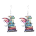 Cute fantasy dragon book stack wooden dangle earrings for book lovers and school season wear. - Red Dragon on Books (No.1)