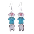Detailed view of creative wooden nurse earrings featuring cute medical caps, scrubs and teeth. - Nurse Hat And Scrubs Style