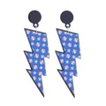 Close-up detail of acrylic lightning earrings featuring blue background with white stars and baseballs. - Baseball Style (No. 2 Stud)