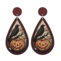 Halloween wooden earrings with spooky crow and pumpkin design, lightweight drop dangling style. - No. 1
