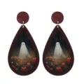 Halloween ghost pumpkin wooden teardrop dangle earrings detail view showcasing unique spooky design. - Size 6