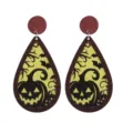 Halloween wooden teardrop earrings with cute pumpkin bat print, perfect festive party jewelry. - Size 7