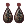Halloween wooden teardrop earrings with witch hat and pumpkin print for spooky party style. - Size 8