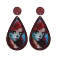 Halloween wooden teardrop earrings with spooky cartoon character graphic print for party wear. - Size 10