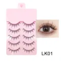 Detailansicht natürlicher künstlicher Wimpern 5 Paar Set auf rosa Schale mit Augeneffekt. - Einzelner Angelschnur-Stamm-Stil (LK01) / 5 Paar Set