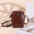 Stylish women leather crossbody phone bag, vintage brown single shoulder bag for daily use. - Coffee