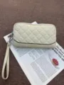 Genuine leather quilted long wallet for women with wrist strap, zip clutch coin purse. - Off White