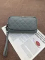 Grey genuine leather quilted long wallet with wrist strap, stylish phone clutch bag. - Blue
