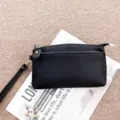 Black genuine leather women clutch bag casual wristlet handbag phone purse with zipper pocket - Black