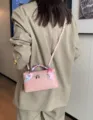 Stylish top layer cowhide women box bag, elegant shoulder cosmetic bag for daily use. - Pink