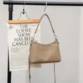 Detail view of minimalist beige genuine leather shoulder bag, premium pebble cowhide commuting handbag. - 25*9*17CM / Khaki