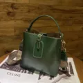 Genuine leather vintage bucket bag women retro shoulder handbag casual crossbody tote bag dark green - Green