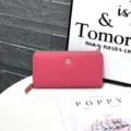 Monedero largo rosa de piel auténtica para mujer, diseño elegante con cremallera y tarjetero. - Rosa rojo