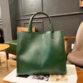 Genuine leather tote bag for women, vintage vegetable tanned cowhide shoulder bag, dark green - Green