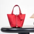 Red genuine leather bucket bag luxury top layer cowhide handbag classic designer style tote - 18*13*13 cm / Chinese Red with Gold Buckle