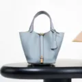 Light blue genuine leather bucket handbag with top handles and padlock closure for women stylish - 18*13*13 cm / Flax Blue with Gold Buckle