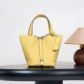 Yellow leather bucket handbag, classic minimalist design, premium top-layer cowhide daily purse. - 18*13*13 cm / Chick Yellow with Silver Buckle