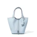 Light blue genuine leather bucket bag, luxury style handbag with metal lock and studs. - 18*13*13 cm / Grail Blue with Silver Buckle