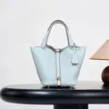 Light blue leather bucket bag, classic minimalist top handle handbag for daily wear. - 18*13*13 cm / Grail Blue with Gold Buckle