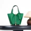 Green Genuine Leather Bucket Handbag Premium Cowhide Tote Bag Casual Everyday Purse - 18*13*13 cm / Velvet Green with Gold Buckle