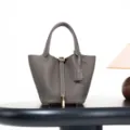 Classic genuine leather bucket handbag with padlock, elegant top-handle casual tote bag. - 18*13*13 cm / Tin Grey with Gold Buckle