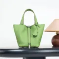 Classic green genuine leather bucket bag, stylish top-handle casual handbag for daily use. - 18*13*13 cm / Apple Green with Silver Buckle