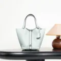 Light Blue Leather Picotin Bucket Bag Top Layer Cowhide Handbag Classic Luxury Style SKU - 18*13*13 cm / Bubble Green with Silver Buckle