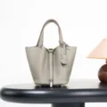 Classic top-layer cowhide leather bucket handbag minimalist stylish everyday casual tote - 18*13*13 cm / Storm Grey with Silver Buckle