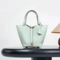 Mint green leather bucket bag chic top layer cowhide handbag classic casual tote for women - 18*13*13 cm / Bubble Green with Gold Buckle