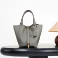 Grey genuine leather bucket bag classic top handle handbag luxury designer style casual tote - 18*13*13 cm / Storm Grey with Gold Buckle